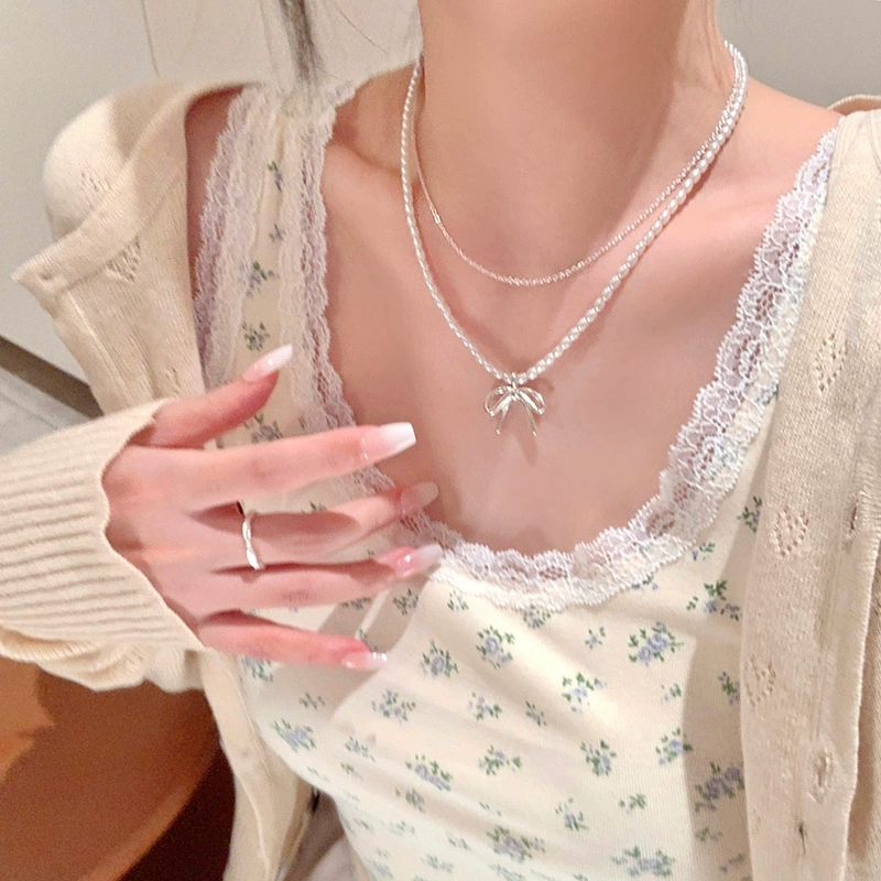Pearl Choker Necklace Vintage - Colar choker de corrente dupla com