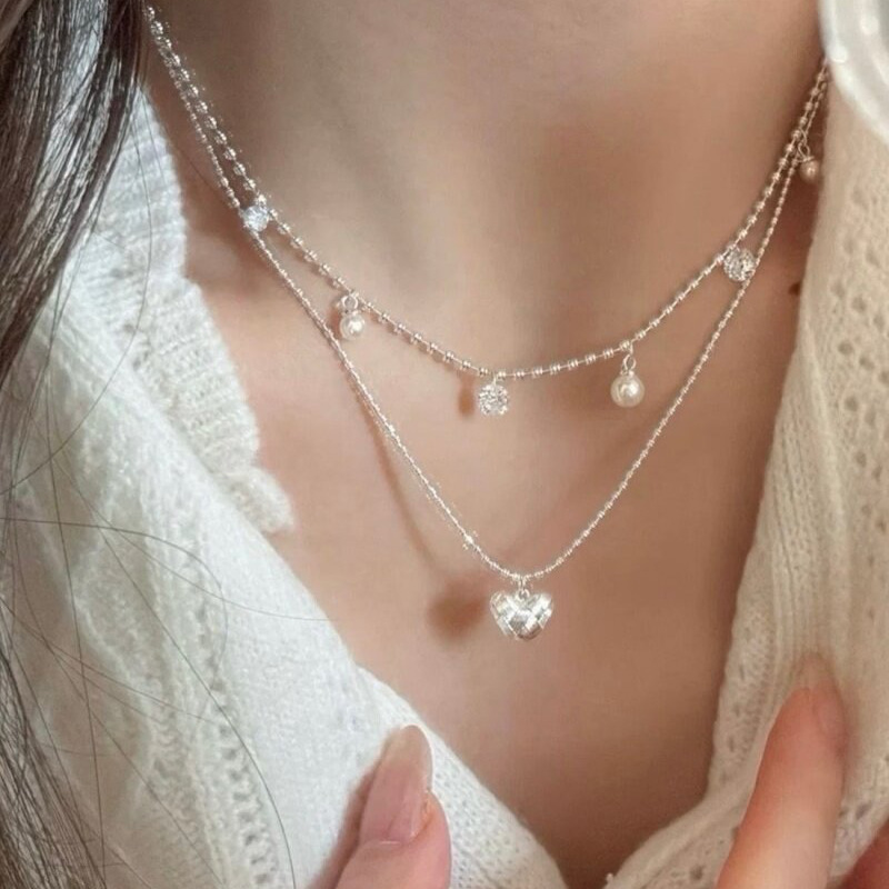 Layered Pendant Necklace Aesthetic - Colar Choker de Contas Prateadas de