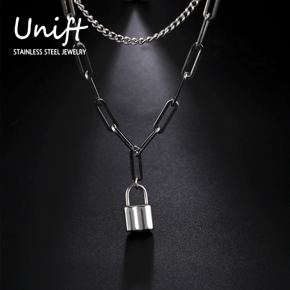 Layered Pendant Necklace Aesthetic - Unift Cadeado Estético Pingente Homens Colar