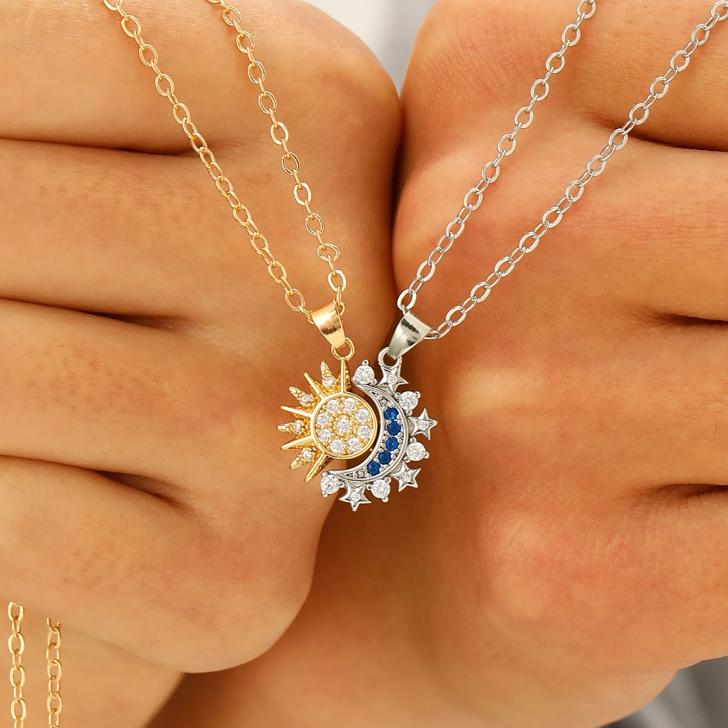 Magnetic Couple Matching Necklaces - Moda brilhante strass sol lua pingente
