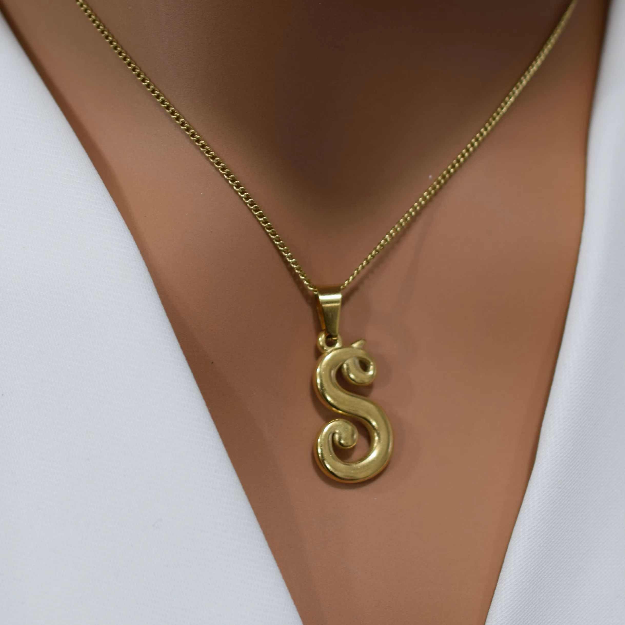 Initial Letter Necklace 18K Gold - Pingente de alfabeto vintage de aço
