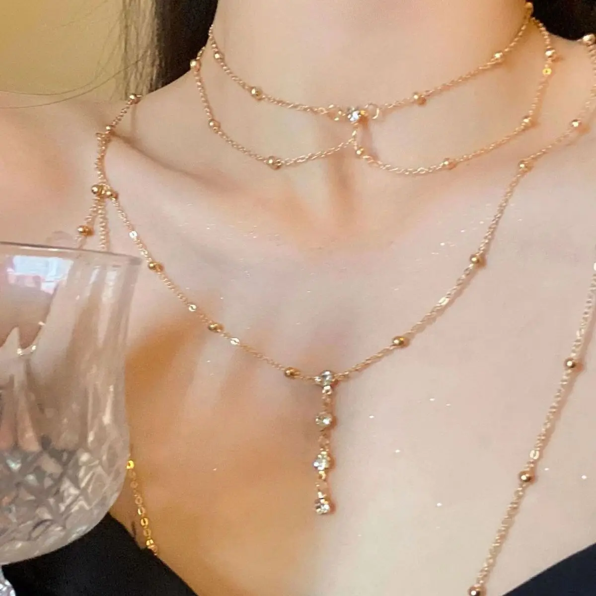 Layered Pendant Necklace Aesthetic - Corrente corporal de strass cintilante para