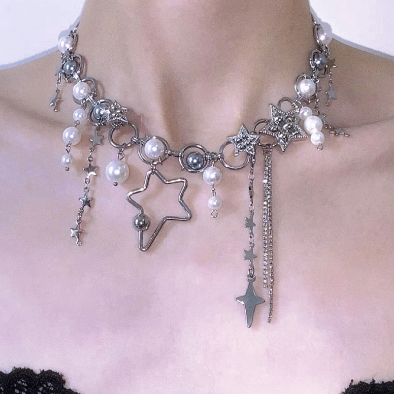 Y2k jóias pérola emenda estrel - Pearl Choker Necklace Vintage avaliação e preço