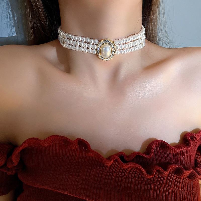 Luxo vintage três camadas imit - Pearl Choker Necklace Vintage avaliação e preço